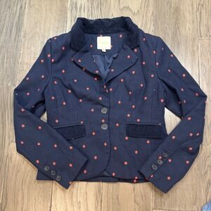 ModCloth Navy Red‎ Polka Dot Blazer Jacket Women's M Corduroy Collar Wool Blend